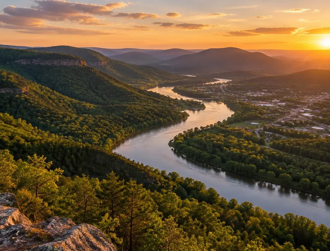 Forested Arkansas mountains and a winding river at sunset